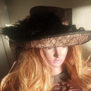 Gorgeous  Peach Vintrage Hat With Lace and Long Feathers